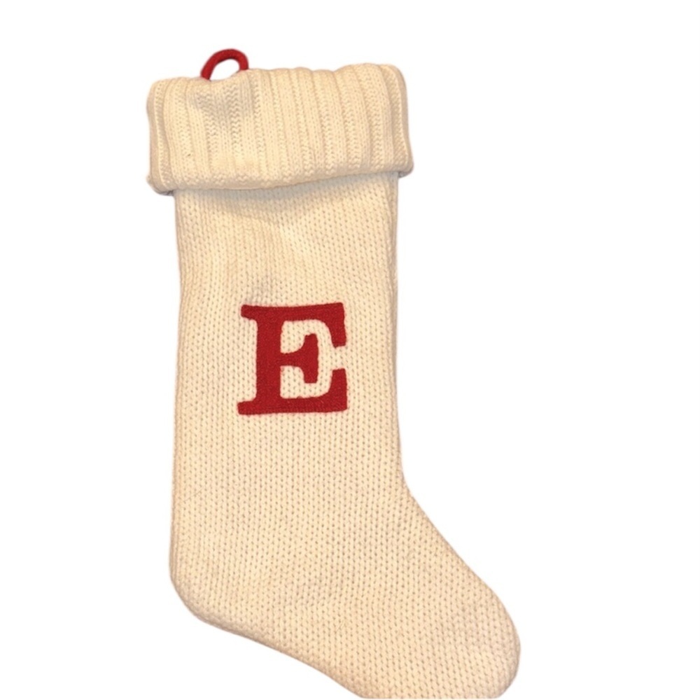 Cream Knit Christmas Stocking with Red E Initial